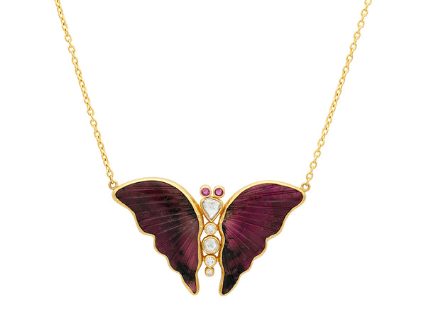 Turquoise Lab Ruby Butterfly Necklace - 14K White Gold |JewelsForMe